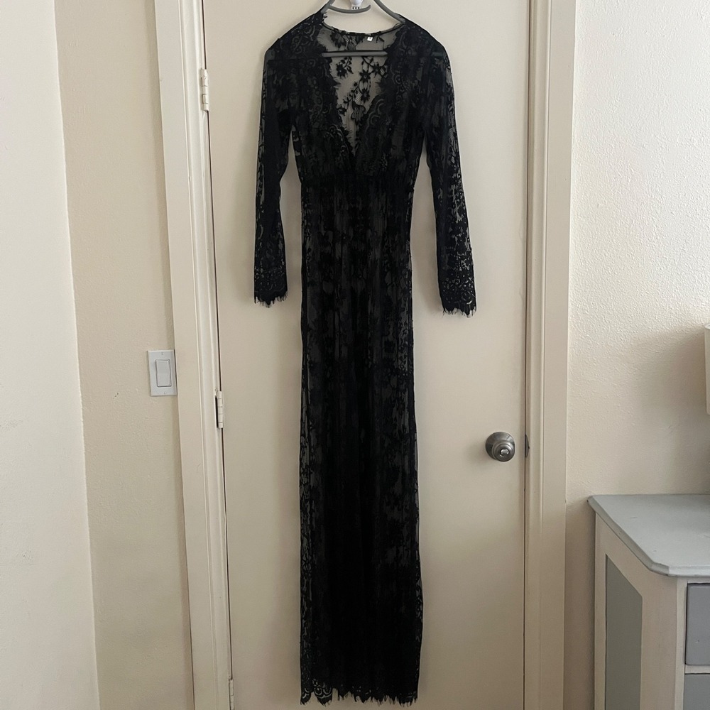 Women Eyelash Sheer Floral Lace Maxi Dress Small Black Whimsigoth Romantic Party